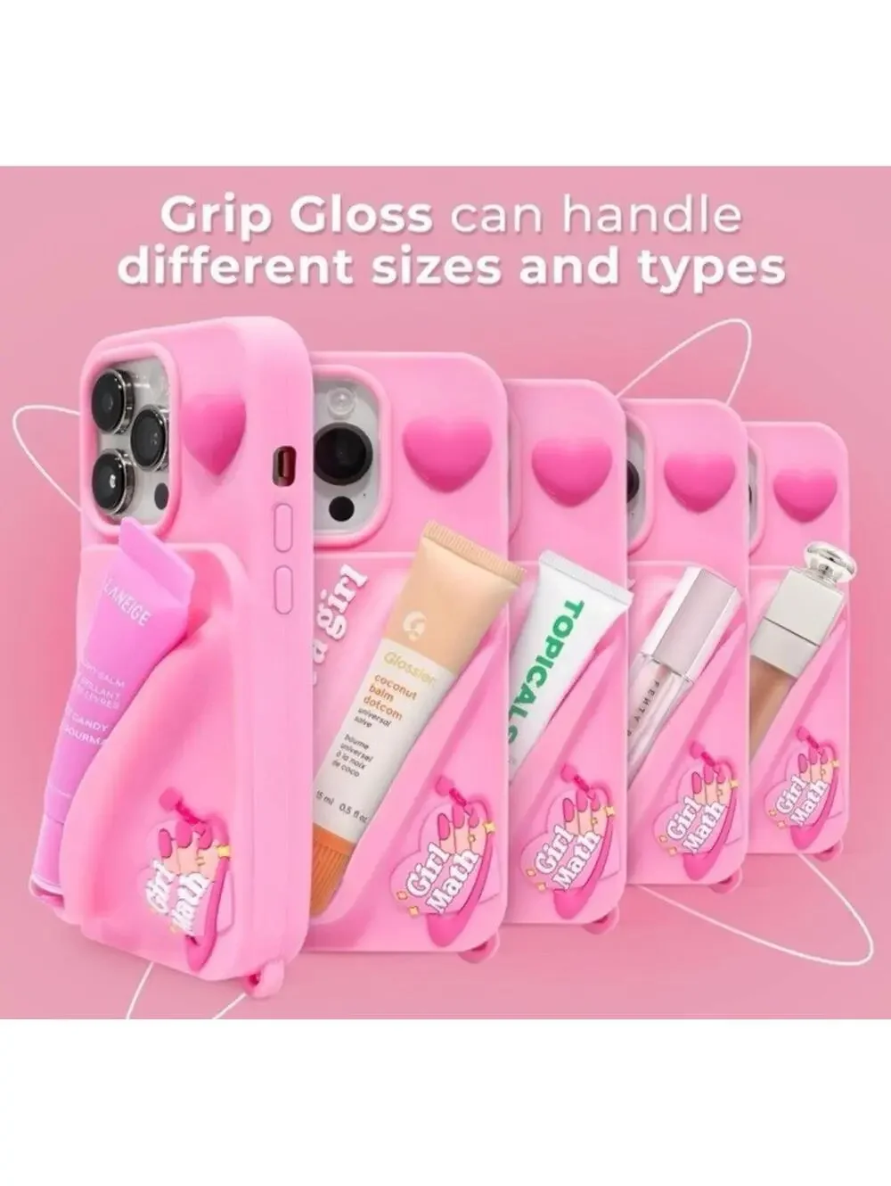GIRL MATH Grip Gloss Phone Case iPhone 15 Pro Pink Silicone Lip Gloss Holder NEW